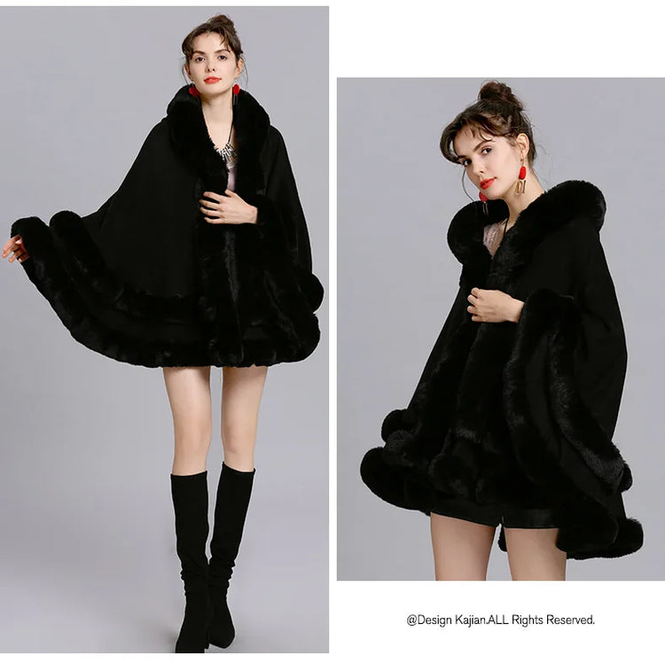 7 Colors Winter Shawl Warm Thick Cappa Coat Two Circle Faux Fox Fur Loose Poncho Cloak With Hat Women Big Pendulum Cardigan Cape