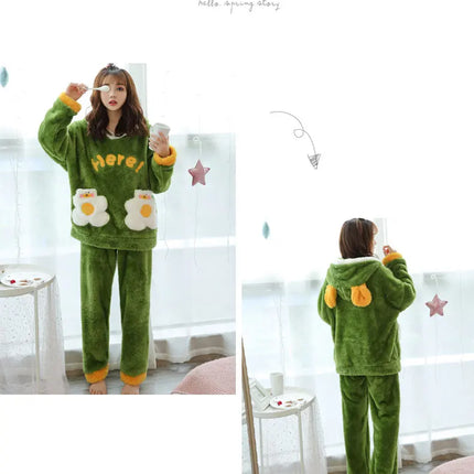 Jielur Warm Women Pajama Sets Winter Lady Long Sleeve Shirt+Pants Home suit Hooded Cartoon Print Thick Pijama Feminino
