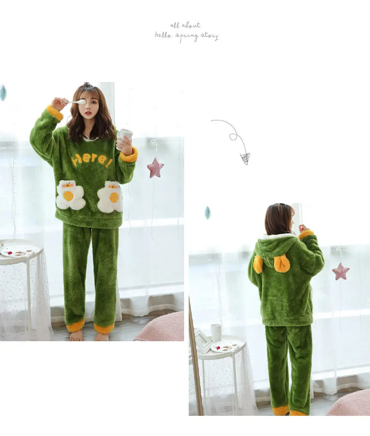 Jielur Warm Women Pajama Sets Winter Lady Long Sleeve Shirt+Pants Home suit Hooded Cartoon Print Thick Pijama Feminino