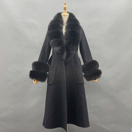 2022 New Arrival Women Wool Coat With Real Fox Fur Collar Cuff Slim Fit Elegant Belted Cashmere Long Coat Ladies Winter Coats