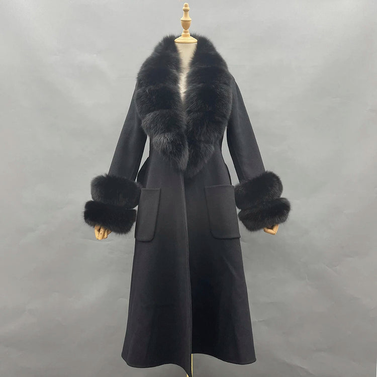 2022 New Arrival Women Wool Coat With Real Fox Fur Collar Cuff Slim Fit Elegant Belted Cashmere Long Coat Ladies Winter Coats