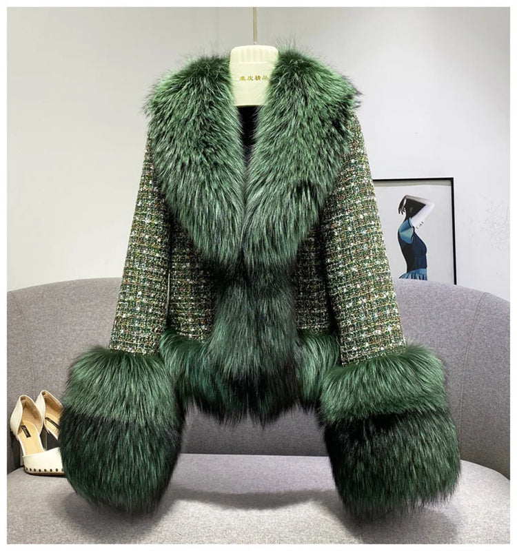 Female Winter ThickCotton Thin Short Woolen Jacket Women New Slim Imported Whole Skin Red Fox Fur Collar Imitation Fur Coat A863