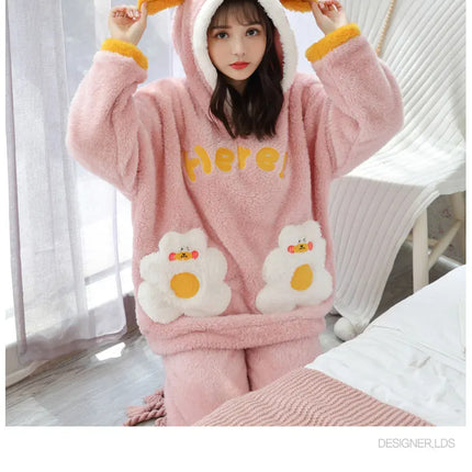 Jielur Warm Women Pajama Sets Winter Lady Long Sleeve Shirt+Pants Home suit Hooded Cartoon Print Thick Pijama Feminino