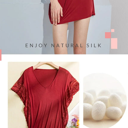 SuyaDream vestido de noche de seda para mujer de seda natural y encaje Mini vestidos sexy de vino negro camisones de verano 2021