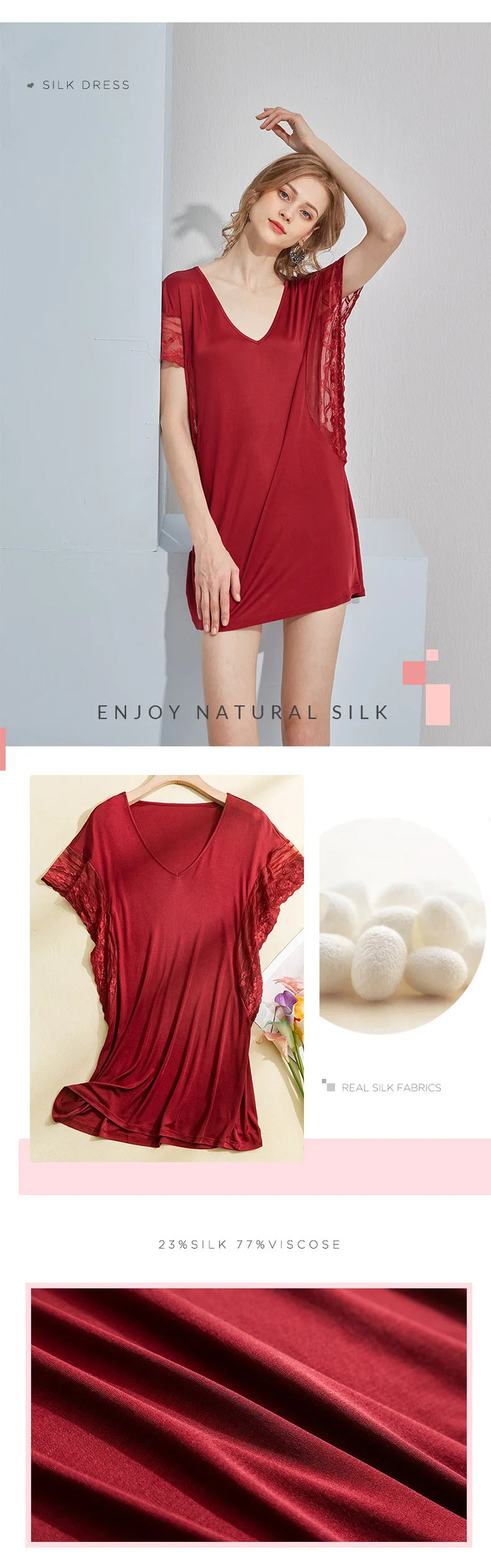 SuyaDream abito da notte in seta da donna in seta naturale e pizzo Mini abiti Sexy da vino nero camicie da notte estive 2021