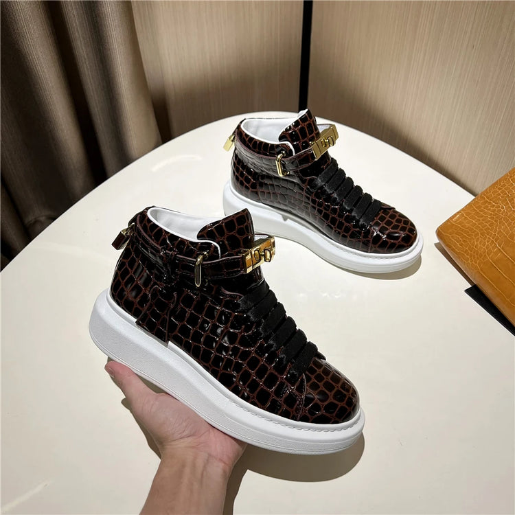 2026 Mid-Top Sneakers Men Alligator Pattern Round Toe Lock Decoration Lace Flats Glossy Cow Leather Casual Shoes