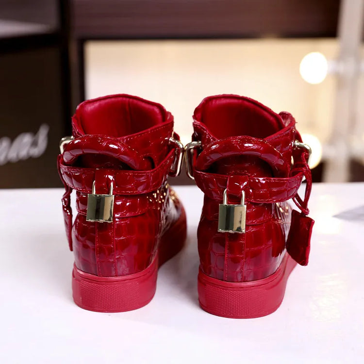 Women’s Genuine Cow Leather Flat Ankle Boots Stone Pattern Black High with Lace Sneakers Designer With Lock Luxury Brands Shoes