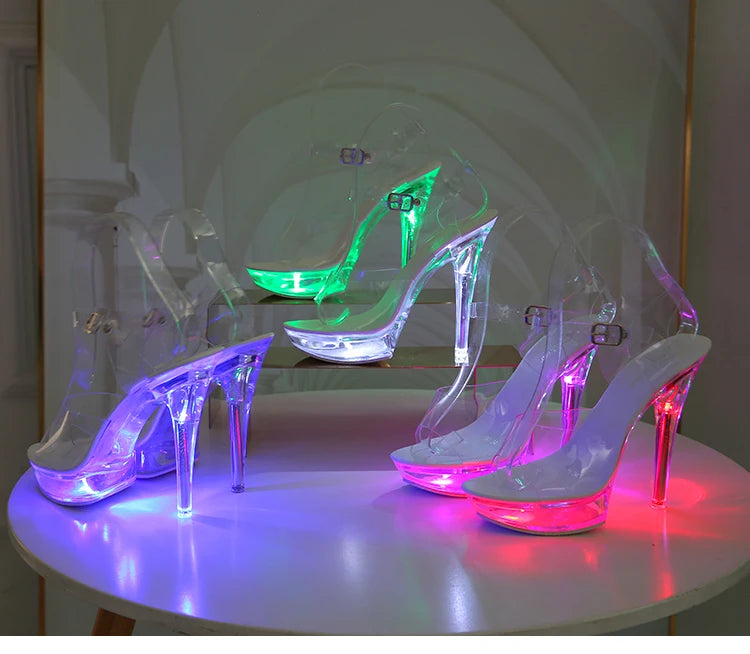 Light Up Glowing Shoes Woman Luminous Clear Sandals Women Platform Shoes LED 13cm High Heel Transparent Stripper Heels Shoes