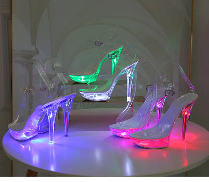 Light Up Glowing Shoes Woman Luminous Clear Sandals Women Platform Shoes LED 13cm High Heel Transparent Stripper Heels Shoes