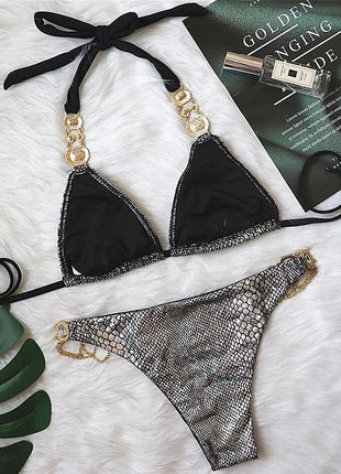 Catene di metallo con scollo all'americana Strass Diamante Bikini Costume da bagno donna Costumi da bagno femminili Due pezzi Bikini set Costume da bagno brasiliano Swim platinumshop