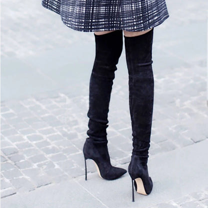 Over The Knee Suede Slim Boots Stretch Fabric Metal Thin High Heel Sexy Pointed Slip On Winter Women Shoes Solid Sexy Boots