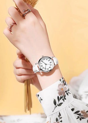 Orologio al quarzo da donna alla moda per il tempo libero, numeri arabi facili da leggere, quadrante semplice, cinturino in pelle PU, colore caramella platinumshop