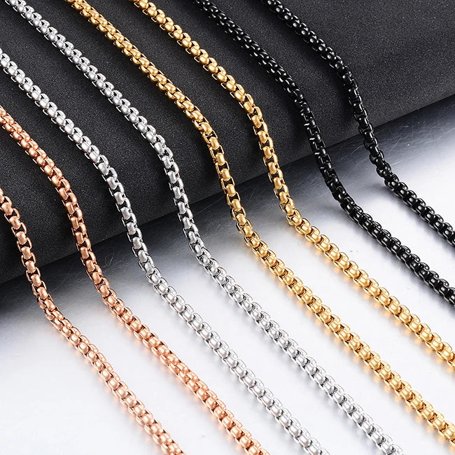 2mm/3mm/4mm/5mm Collana in acciaio inossidabile color oro Scatola rotonda impermeabile Catena a maglie da uomo Lunghezza regalo personalizzato PlatiNum