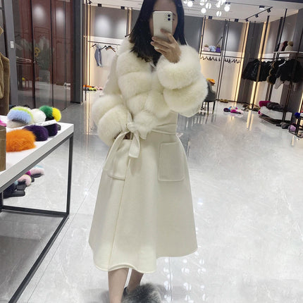 2022 New Arrival Women Wool Coat With Real Fox Fur Collar Cuff Slim Fit Elegant Belted Cashmere Long Coat Ladies Winter Coats