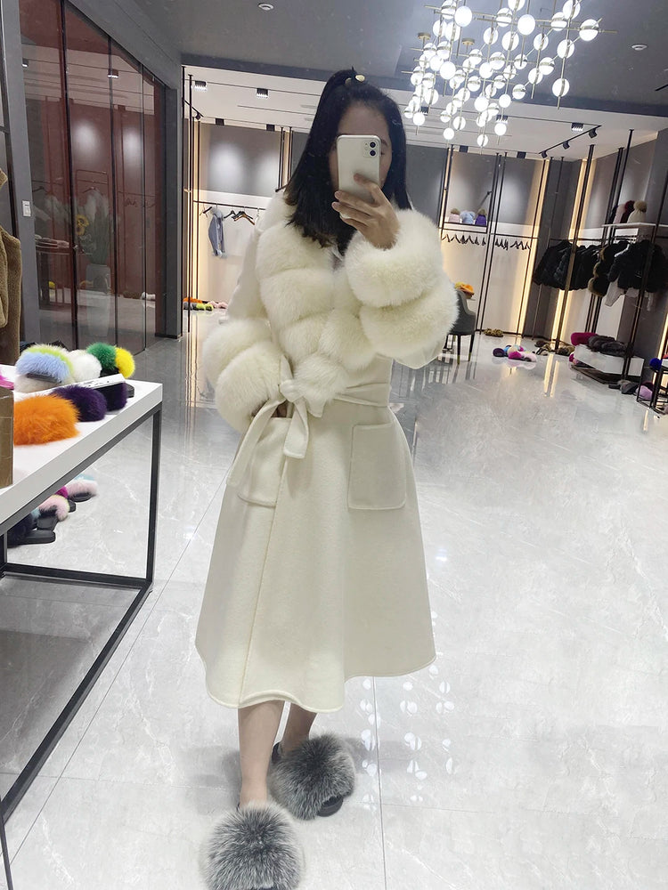 2022 New Arrival Women Wool Coat With Real Fox Fur Collar Cuff Slim Fit Elegant Belted Cashmere Long Coat Ladies Winter Coats