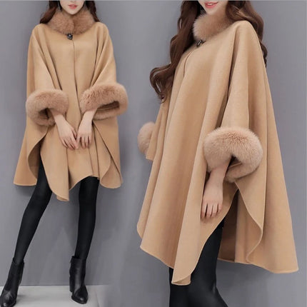 Elegant Women Winter Coats Batwing Fluffy Sleeve Cape Jacket Lady Woolen Overcoat Cape Fox Fur Collar Warm Ponchos Feminino