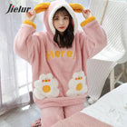 Jielur Warm Women Pajama Sets Winter Lady Long Sleeve Shirt+Pants Home suit Hooded Cartoon Print Thick Pijama Feminino