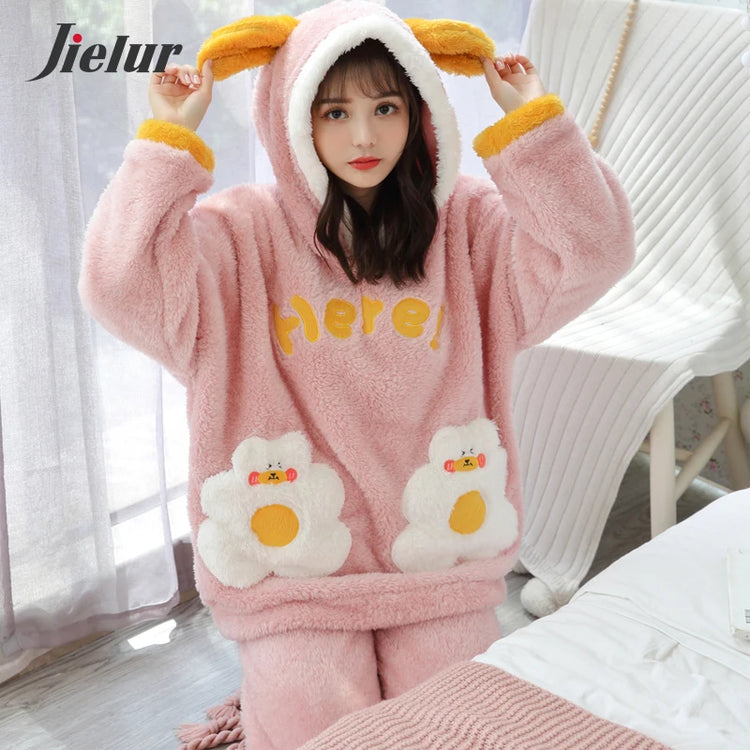 Jielur Warm Women Pajama Sets Winter Lady Long Sleeve Shirt+Pants Home suit Hooded Cartoon Print Thick Pijama Feminino