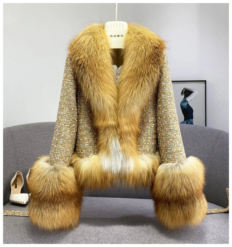 Female Winter ThickCotton Thin Short Woolen Jacket Women New Slim Imported Whole Skin Red Fox Fur Collar Imitation Fur Coat A863