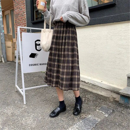 Vintage Wool Pleated Plaid Skirt Women High Waist Plus Size Long Skirt 2022 Autumn Winter Harajuku Female Party Skirt Streetwear PlatiNum