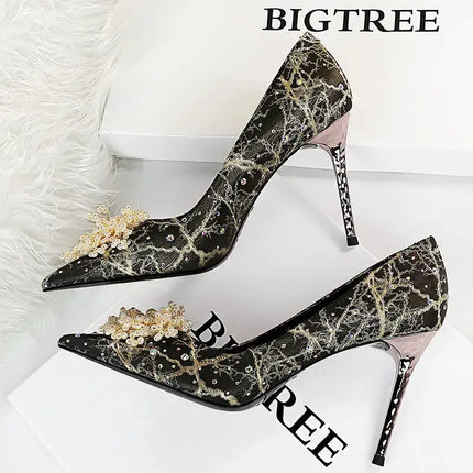 BIGTREE Scarpe Fiori di perle Décolleté da donna Tacchi alti con strass 2026 Nuove donne di lusso Tacchi a spillo Décolleté da donna di grandi dimensioni platinumshop
