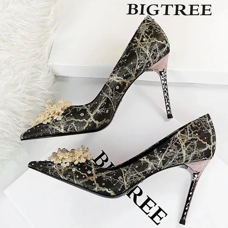 BIGTREE Scarpe Fiori di perle Décolleté da donna Tacchi alti con strass 2026 Nuove donne di lusso Tacchi a spillo Décolleté da donna di grandi dimensioni platinumshop