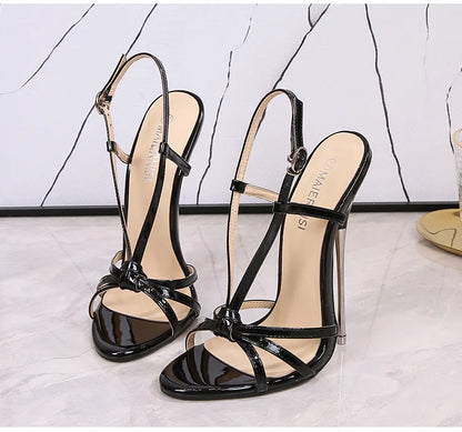 New 16CM Sexy Thin Strap Lady Sandals Large-Size Women Metal Stiletto Shoes Show Model Party Summer Ankle Back Strap High Heels