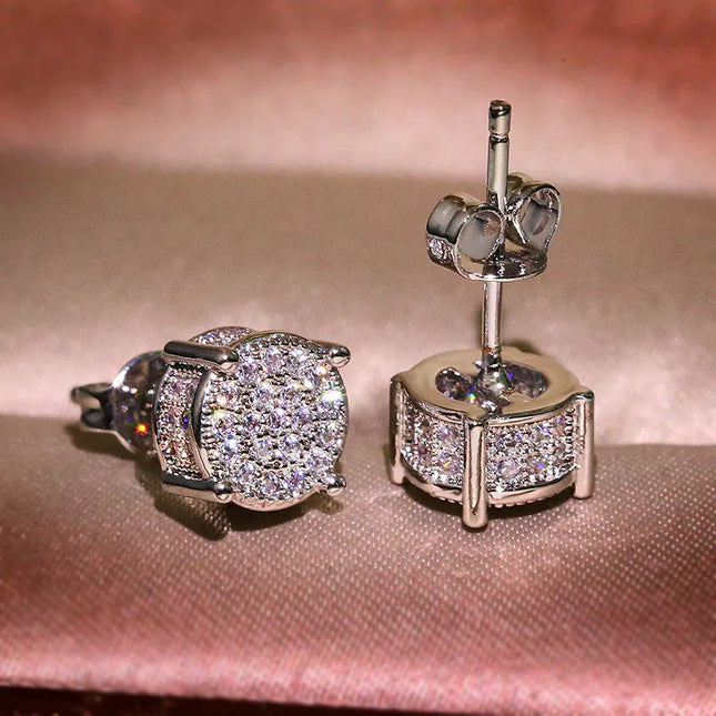 Luxury Full Crystal Round Earrings White Gold Yellow Gold Color White Zircon Stone Wedding Stud Earrings For Women Men Jewelry PlatiNum