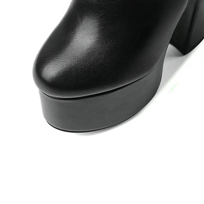 2021 Women Ankle Boots Platform Square High Heel Ladies Motorcycle Boots Faux Leather High High Quality Women's Boots Black