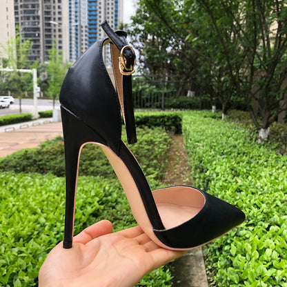 Tikicup Black Patent Pointed-Toe Stiletto Pumps Ankle Strap Elegant High Heel Dress Shoes for Women Evening Events, Office