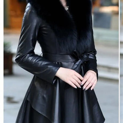 PU Leather Long Leather Jacket Women's Fur Collar Removable Coat Faux Leather Slim Female Temperament Leather Windbreaker Black
