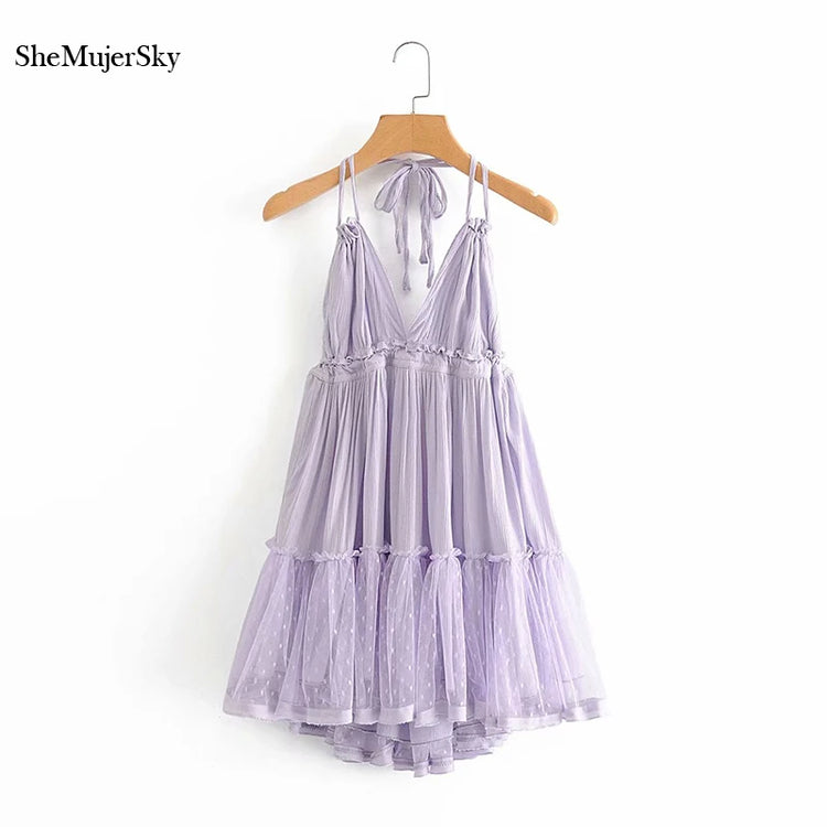 SheMujerSky Abito sexy con giunture in pizzo senza schienale Mini abiti estivi con scollo a V e scollo all'americana Abito da donna Elegante da sera