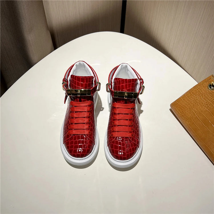 2026 Mid-Top Sneakers Men Alligator Pattern Round Toe Lock Decoration Lace Flats Glossy Cow Leather Casual Shoes