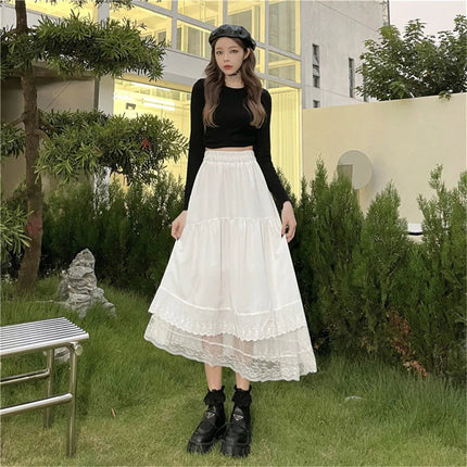 Y2k Gothic Tulle Pleated Skirt Black Lace Stitching Irregular Midi Skirt Women Vintage High Waist Long Skirt Korea Solid Hip Hop PlatiNum