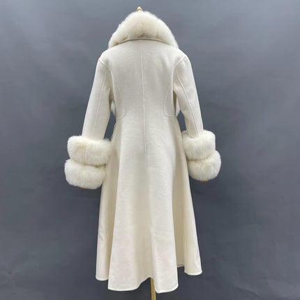 2022 New Arrival Women Wool Coat With Real Fox Fur Collar Cuff Slim Fit Elegant Belted Cashmere Long Coat Ladies Winter Coats
