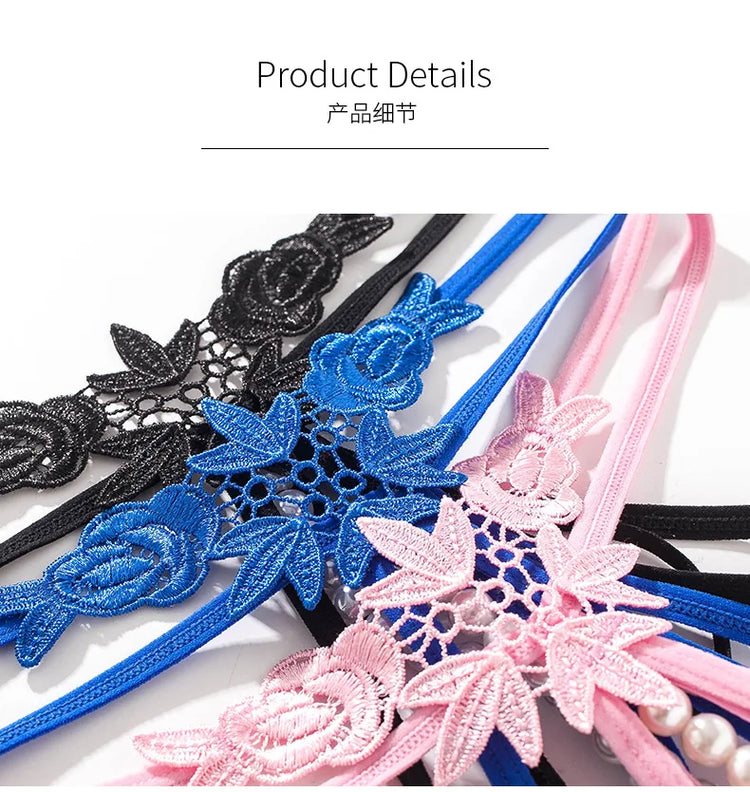 Women Lace Panties Thongs Pearl Pendant Embroidery G-String T-Back Briefs Underwear Hollow Ladies Panties Sexy Lingerie Knickers