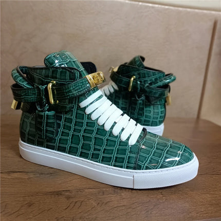 Luxury Designer Men Crocodile Pattern High Top Sneakers Glossy Patent Leather Gold Buckle Lace-up Casual Street Shoes Footwear