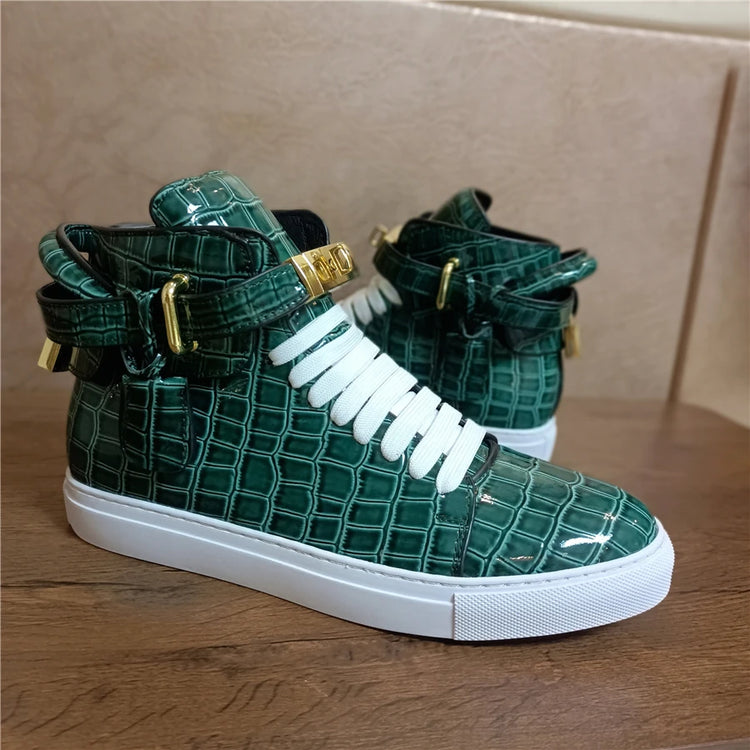 Luxury Designer Men Crocodile Pattern High Top Sneakers Glossy Patent Leather Gold Buckle Lace-up Casual Street Shoes Footwear