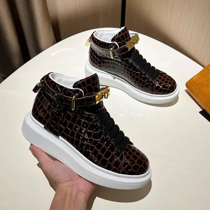 2026 Mid-Top Sneakers Men Alligator Pattern Round Toe Lock Decoration Lace Flats Glossy Cow Leather Casual Shoes