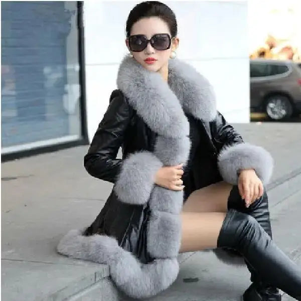 New Fashion Womens Big Faux Fur Coats Fur Collar Leather Mid Long Parkas Winter Female Warm Fur Outwear Beige Coats Clothes