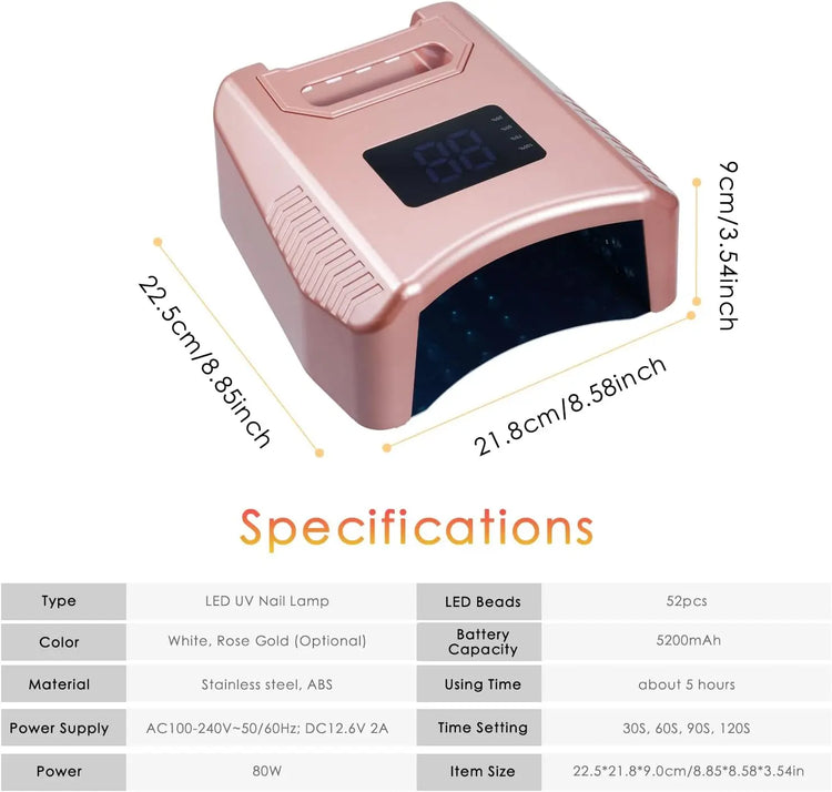 Ibelive Professional 80W Rechargeable UV LED Nail Lamp, 52pcs LED Bulbs 90S Cordless Nail Dryer for Salon Manicure