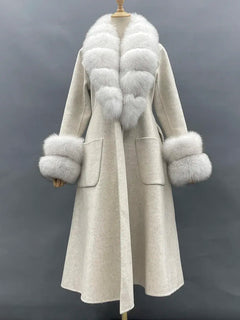 2022 New Arrival Women Wool Coat With Real Fox Fur Collar Cuff Slim Fit Elegant Belted Cashmere Long Coat Ladies Winter Coats