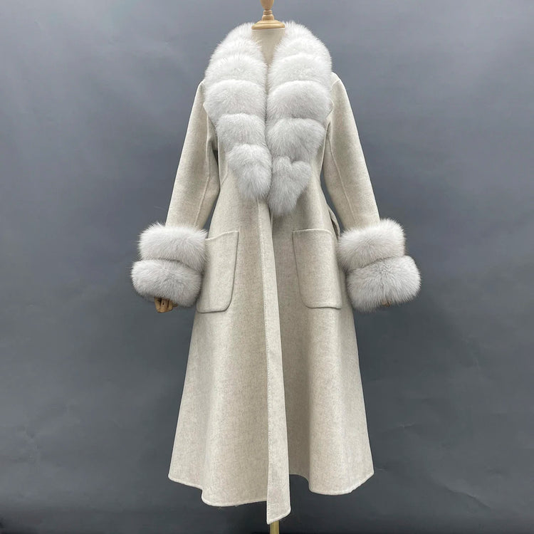 2022 New Arrival Women Wool Coat With Real Fox Fur Collar Cuff Slim Fit Elegant Belted Cashmere Long Coat Ladies Winter Coats