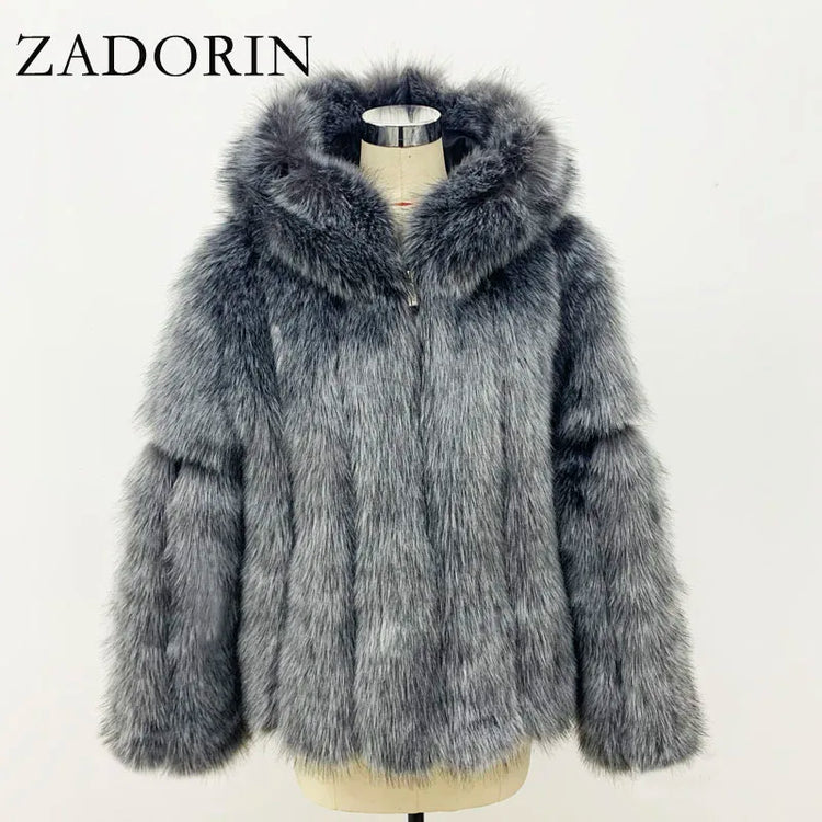 ZADORIN New Luxury Designer Faux Fur Coat Woman Hooded Zipper Furry Warm Winter Faux Fur Jacket Streetwear Fur Coats Woman Tops