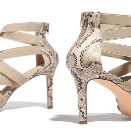 Décolleté Scarpe sexy da festa Scarpe da ballo Scarpe estive con serpente Décolleté da donna Tacchi alti e sottili Gladiatore con strass a punta