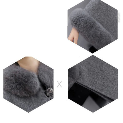 Elegant Women Winter Coats Batwing Fluffy Sleeve Cape Jacket Lady Woolen Overcoat Cape Fox Fur Collar Warm Ponchos Feminino
