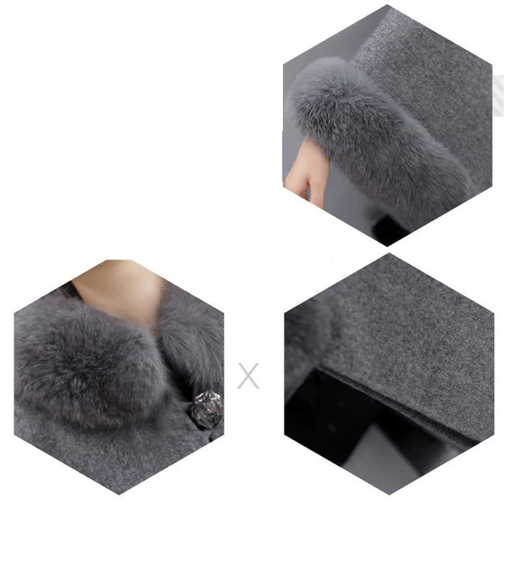 Elegant Women Winter Coats Batwing Fluffy Sleeve Cape Jacket Lady Woolen Overcoat Cape Fox Fur Collar Warm Ponchos Feminino