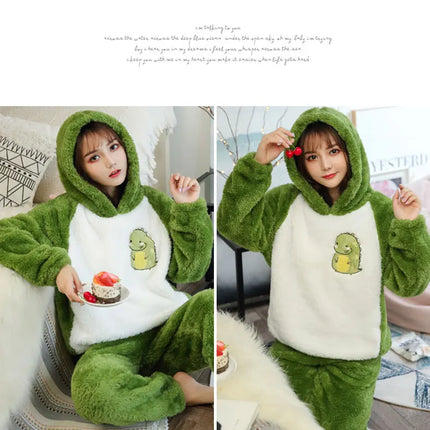 Jielur Warm Women Pajama Sets Winter Lady Long Sleeve Shirt+Pants Home suit Hooded Cartoon Print Thick Pijama Feminino