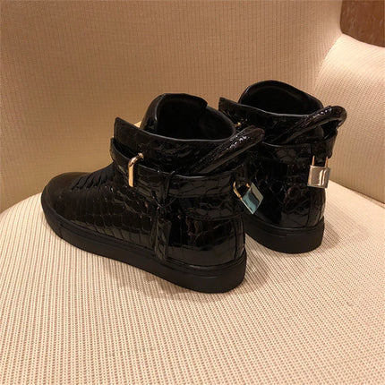 Women’s Genuine Cow Leather Flat Ankle Boots Stone Pattern Black High with Lace Sneakers Designer With Lock Luxury Brands Shoes