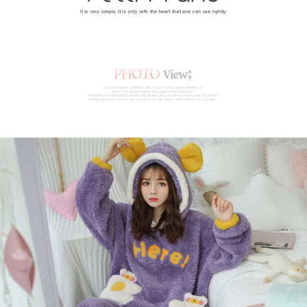 Jielur Warm Women Pajama Sets Winter Lady Long Sleeve Shirt+Pants Home suit Hooded Cartoon Print Thick Pijama Feminino